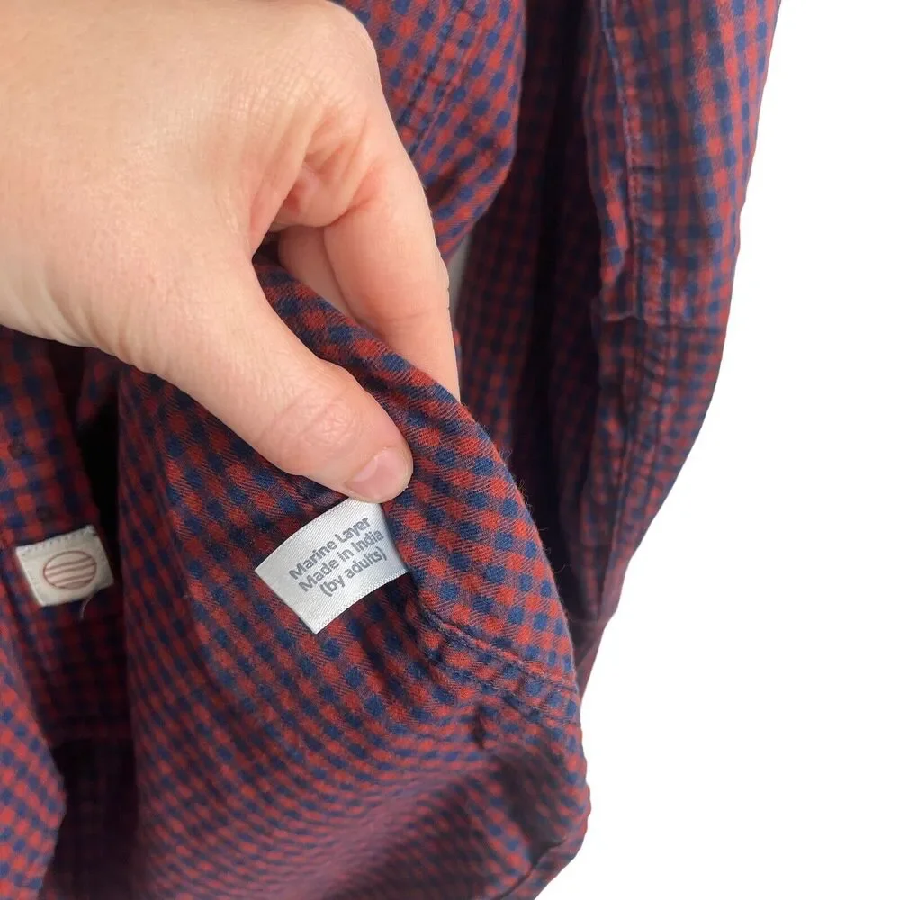 Marine Layer Blue Red Plaid Long Sleeve Button Down Shirt 100% Cotton Mens Large - Picture 5 of 7